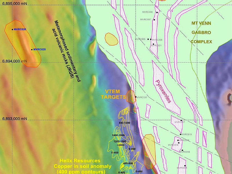 Location of Helix Resources Copper in Soil Anomaly and VTEM Targets