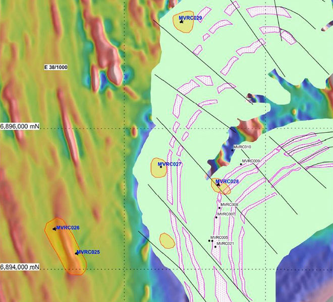 Location Map of MVRC025 to MVRC029 drill holes and VTEM targets (Datum GDA94 Zone51)