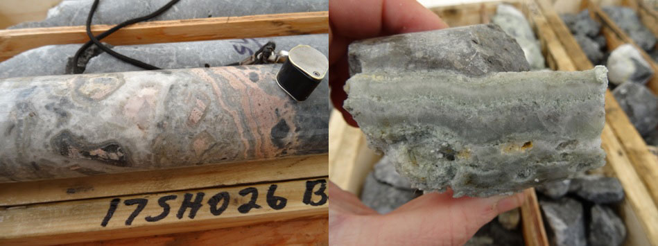 2017 Drill Core Photos: The Rhodo Breccia (17SH026; left) and the Greenbaum Vein/Breccia (17SH027, right). Both exhibit gangue-mineralogy and epithermal textures related to high-grade gold mineralization observed elsewhere along the Shumagin Gold Zone.
