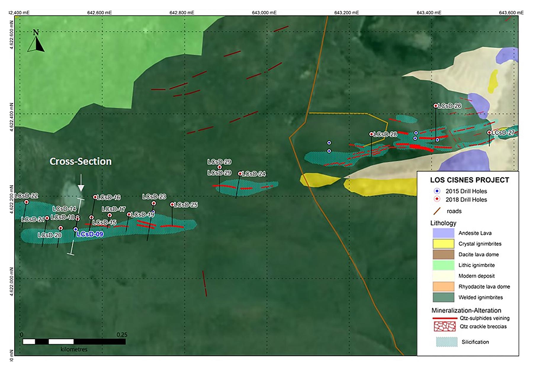 2018 drilling on the Brio vein/breccia structure, Los Cisnes Project