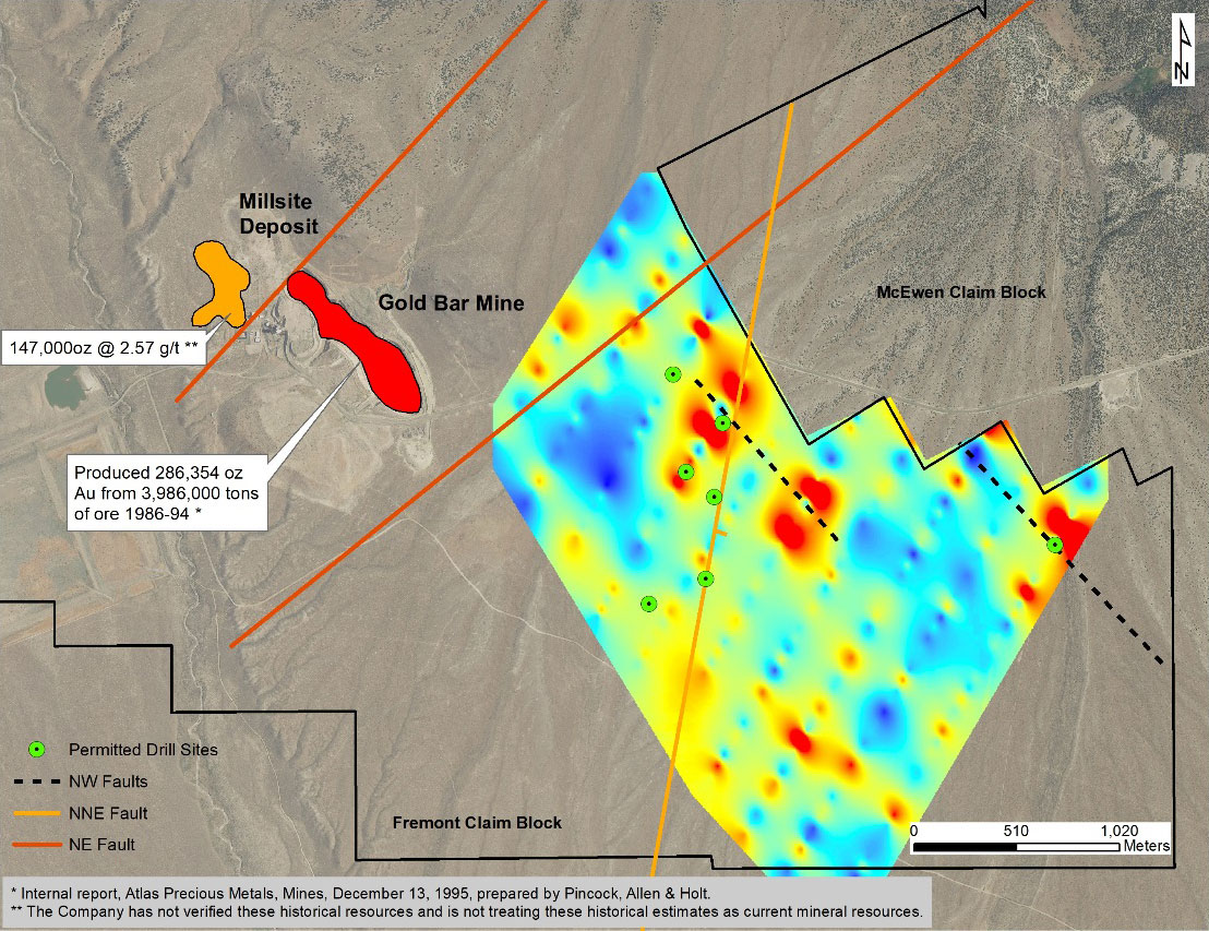 Permitted Drill Holes and Mercury Soil Anomalies to the Southeast of Historic Gold Bar Mine