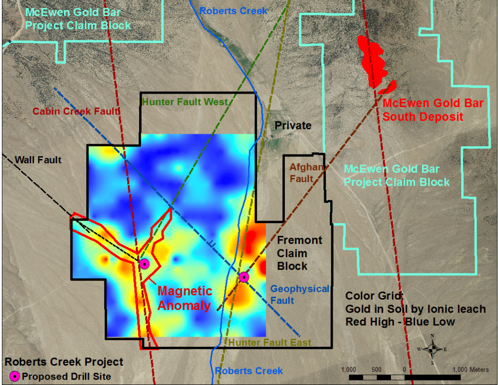 Gold in soils in relation to projected faults from the range and Roberts Creek