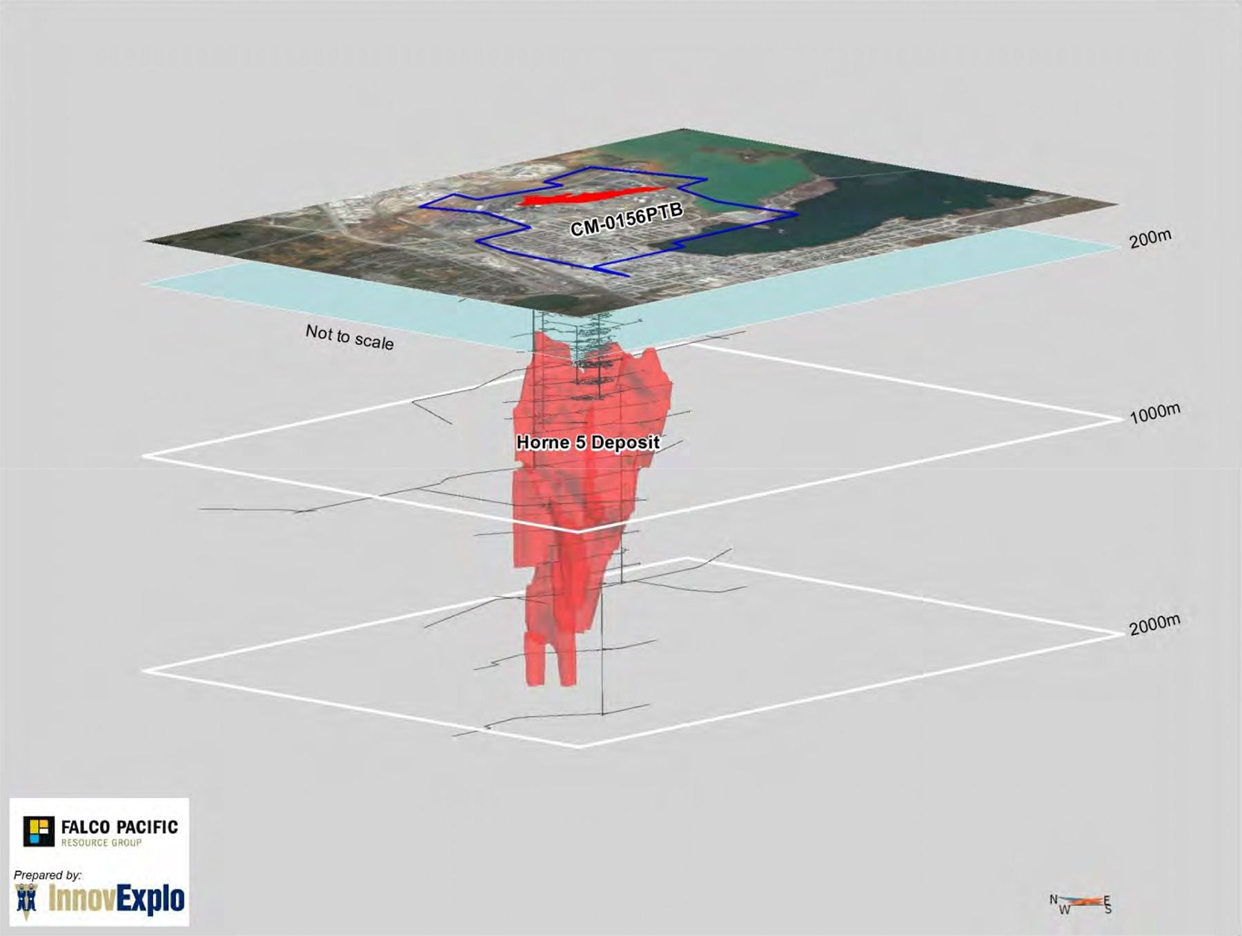 3D perspective of mining concession CM-156PTB. View shows the location of surface and underground features relative to the position of the Horne 5 deposit and the 200-m upper depth limit of Falco Pacific’s mineral rights. Falco Pacific owns the mineral rights contained at a depth of more than 200 m below surface on the Concession. Glencore Xstrata owns 100% of the surface rights on the Concession.