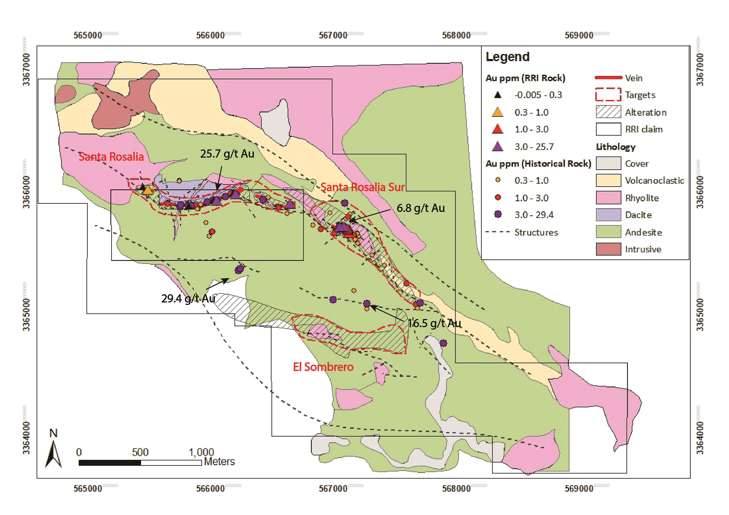 Geological map showing Riverside and Historical Rock Samples, Riverside's targets and cross sections location