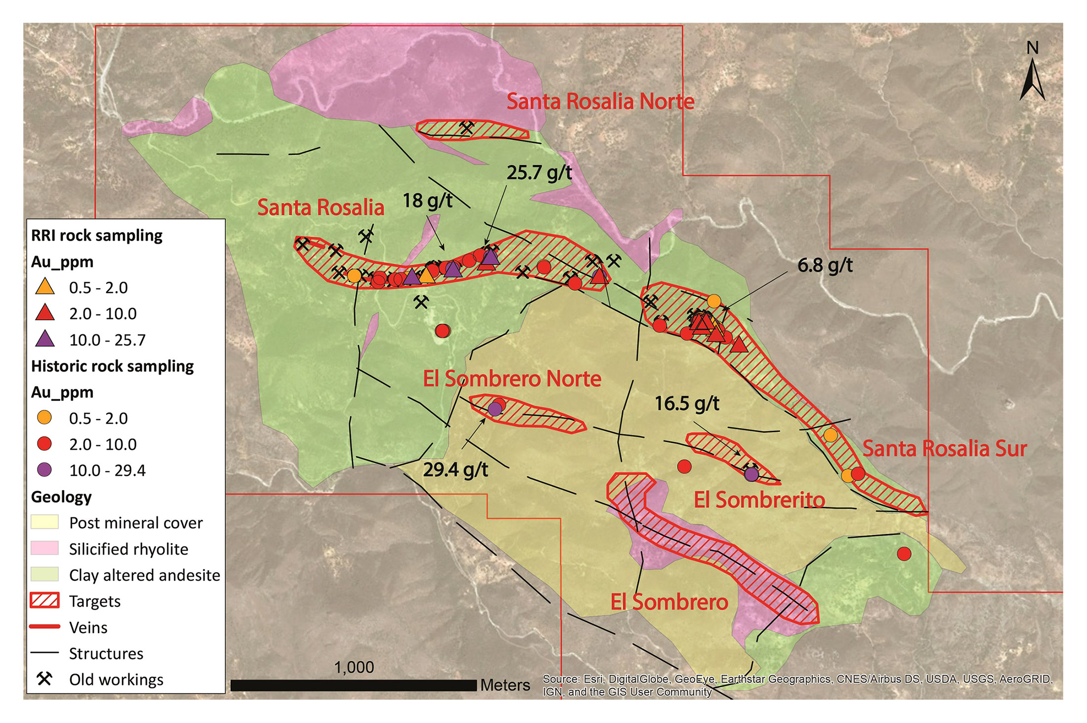 Geological map of Los Cuarentas Project highlighting the six (6) current targets