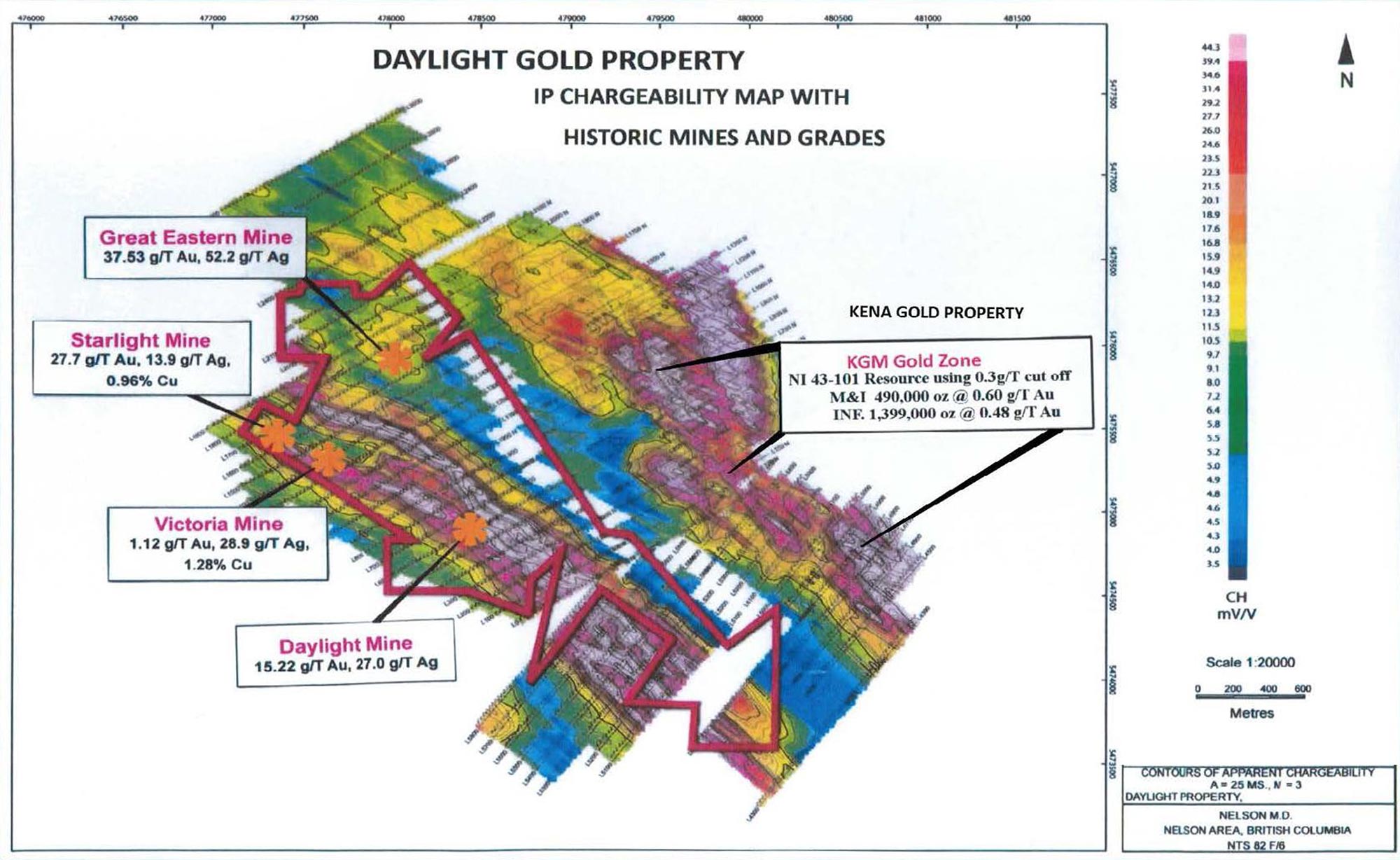 IP Chargeability Map With Historic Mines and Grades