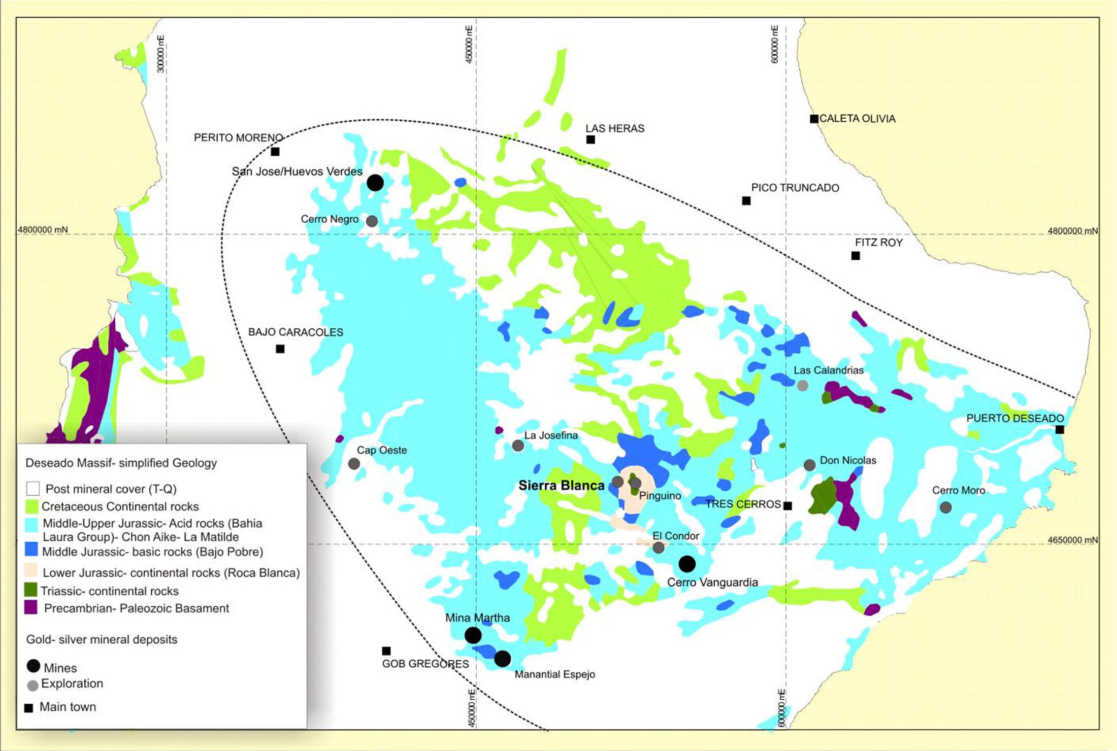 Figure 7.1 Geology of the Deseado Massif (Provided by Minera Mariana, 2010; north is up)