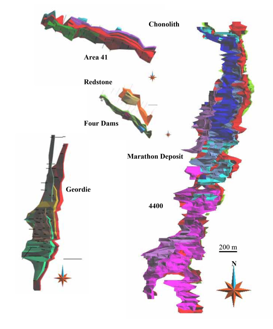 Scaled 3D Model of the Coldwell Minerlized Demains Compared to the Marathon Deposit