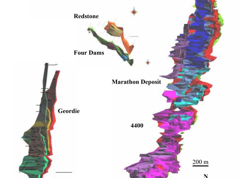 Scaled 3D Model of the Coldwell Minerlized Demains Compared to the Marathon Deposit