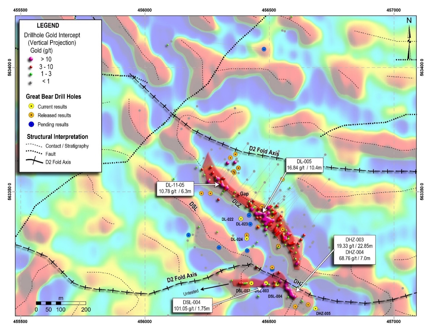Map of current drill locations, showing the new SLZ discovery, the DLZ and the Hinge Zone. The locations of two regional D2 fold axes are shown as defined by drilling and as inferred from geophysics.