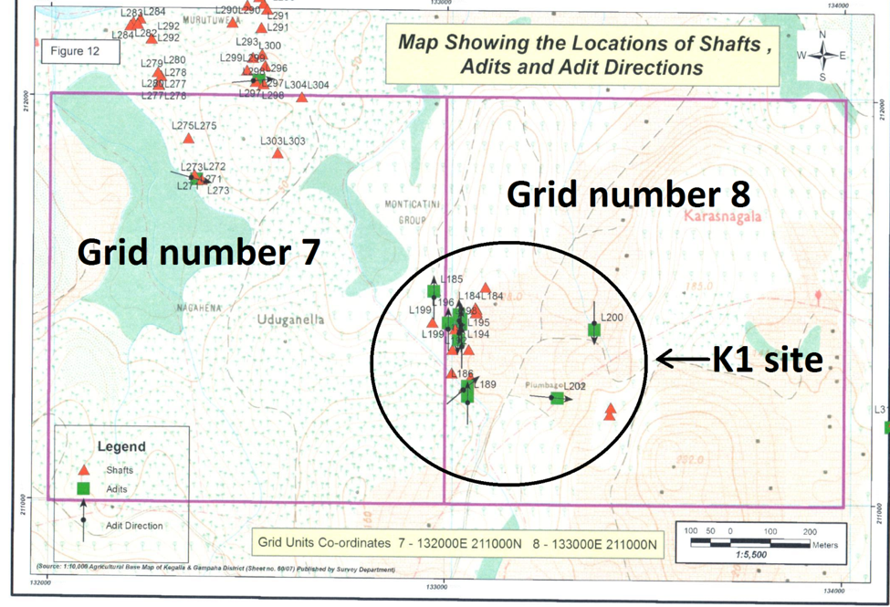 Green squares indicate Adits and their direction. Triangles indicate shafts