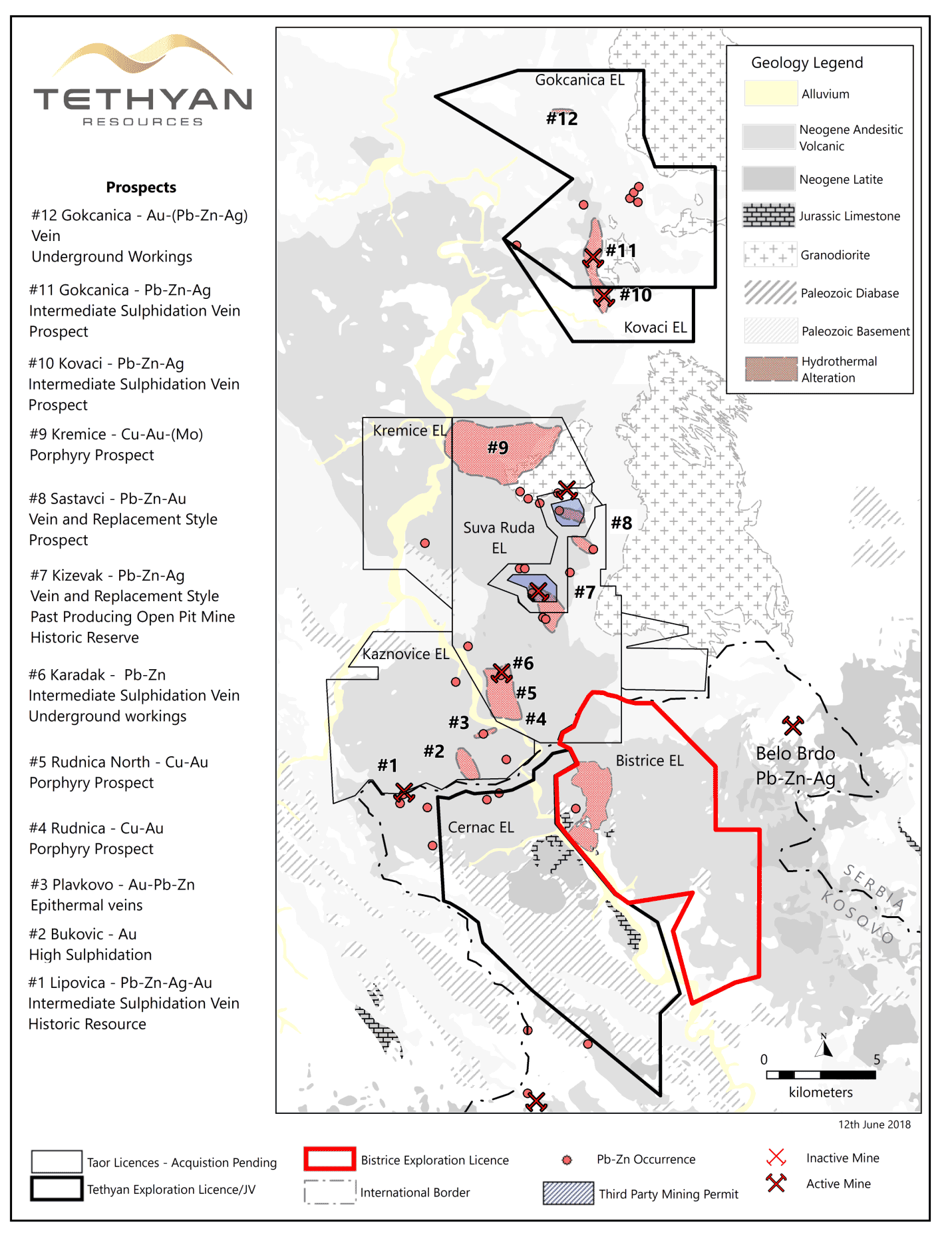 The Bistrice exploration license and other Tethyan exploration licenses shown over the local geology and mineral occurrences of the northern ‘Trepca’ mining district.