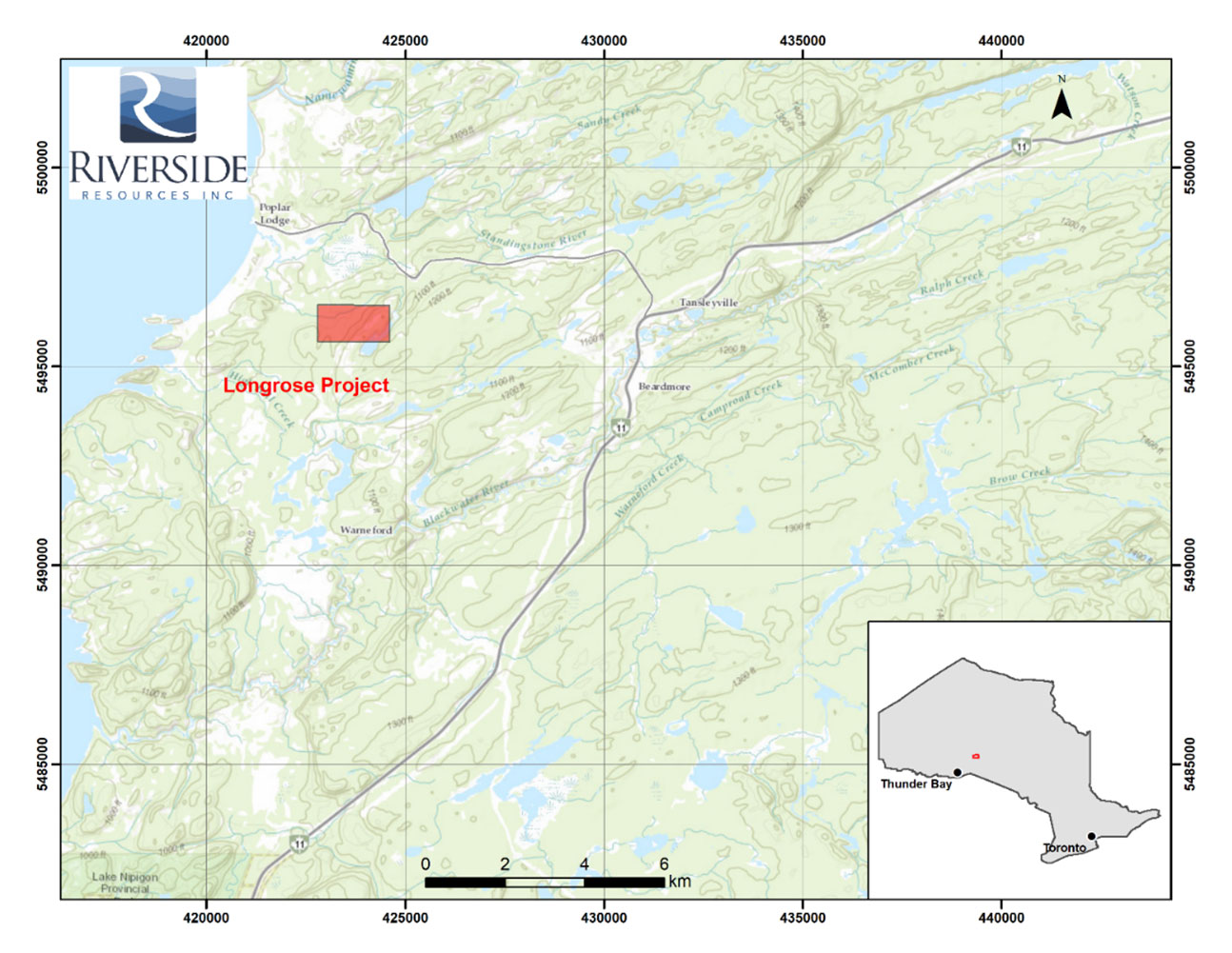 The Longrose Project is located 7 km west of Beardmore Ontario and can be accessed by 2-wheel drive vehicle off Highway 11