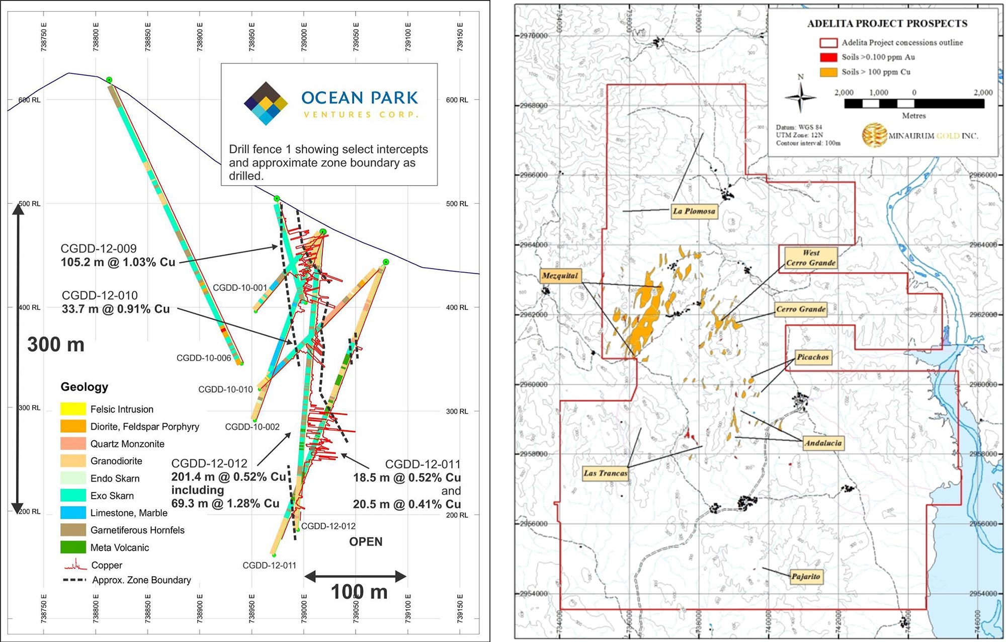 Map of Cerro Grande Minerlaized Skarn Trend (left) Map of Adelita project showing outline of concessions and locations of prospect areas described in this report (right)