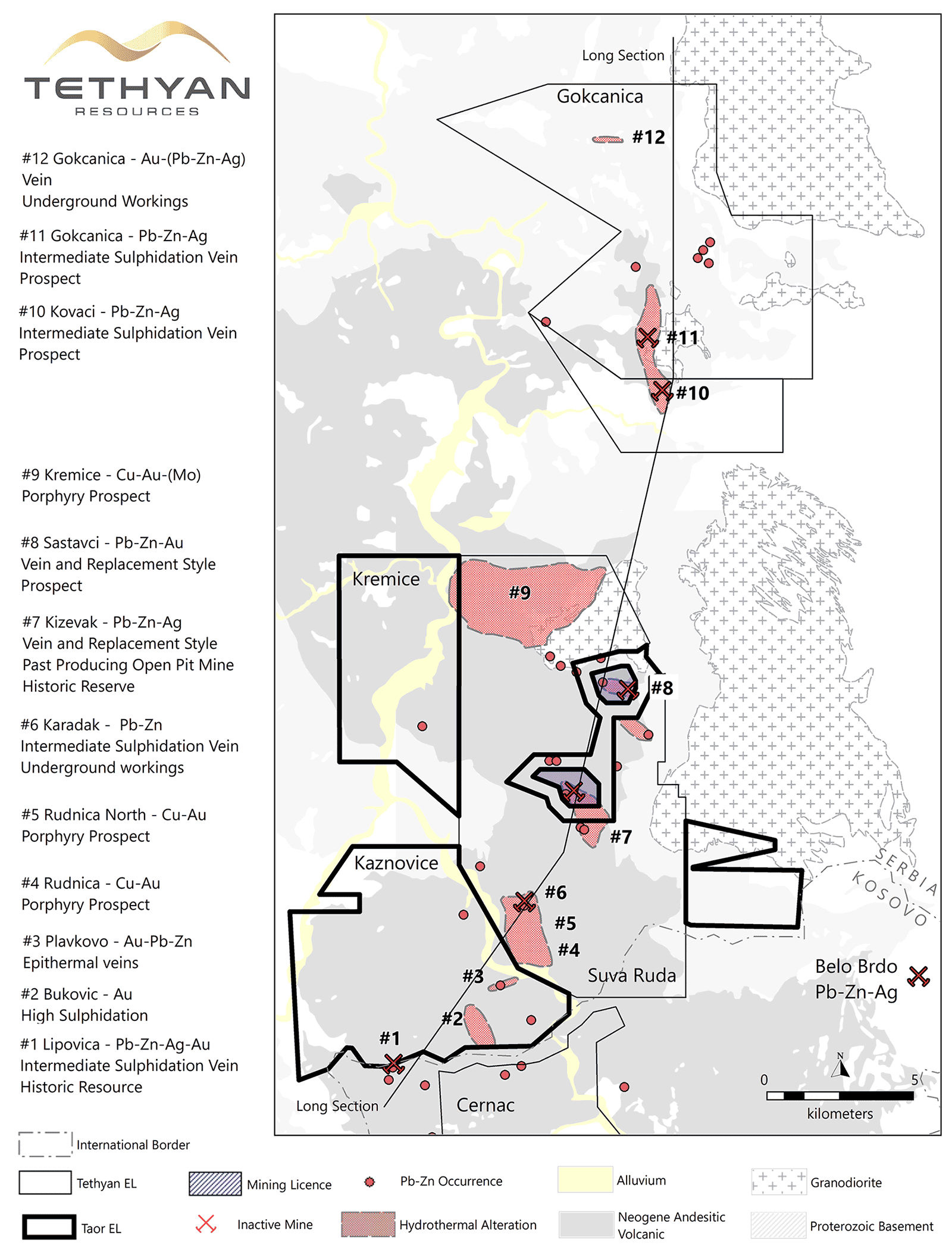 District scale map of the Raška lead and zinc mining district in Southern Serbia where Tethyan is consolidating exploration license holdings. Also shown are the multiple known exploration targets and historical mines.