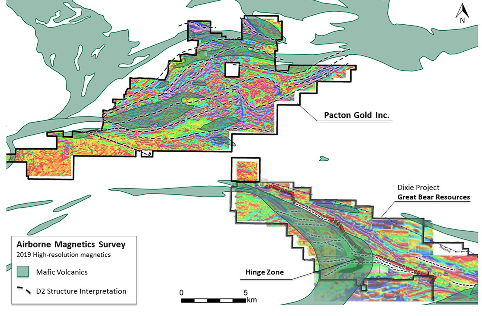 Pacton Gold’s Red Lake project with the high-resolution airborne magnetics survey and Great Bear Resources Dixie project magnetics survey.