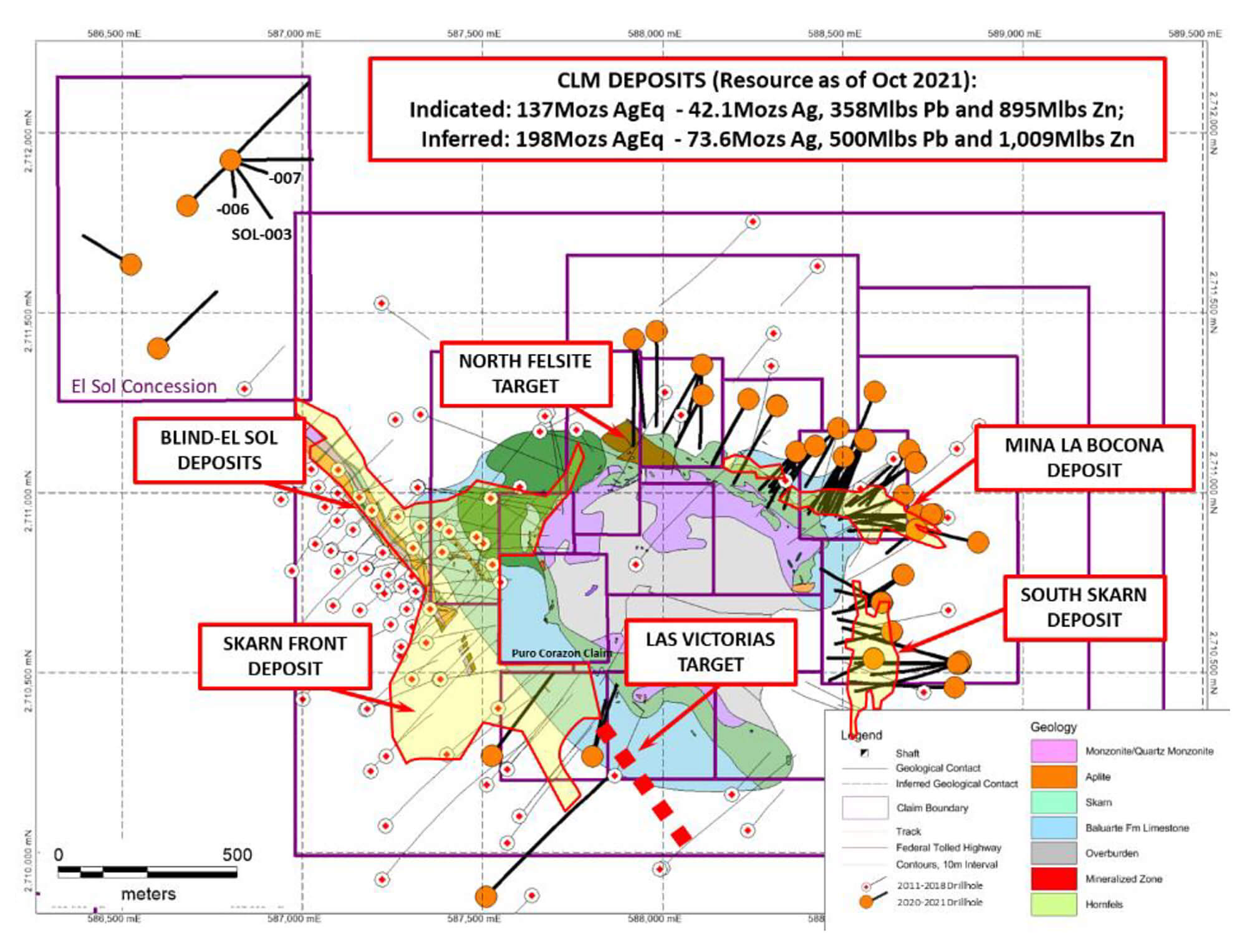 Plan Map of the Area of the Cerro showing the distribution of the CLM deposits and the location for new drilling, at the North Felsite target and El Sol concession