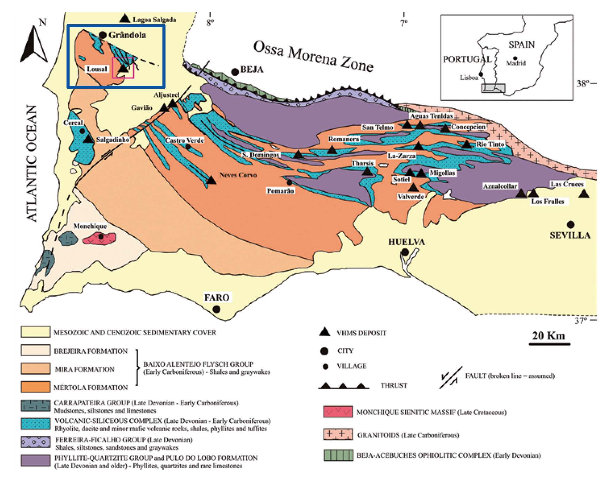 General geology of the Iberian pyrite belt and location of the Lousal deposit and other massive sulfide deposits (modified after Carvalho et al., 1999 and Huston et al., 2011).