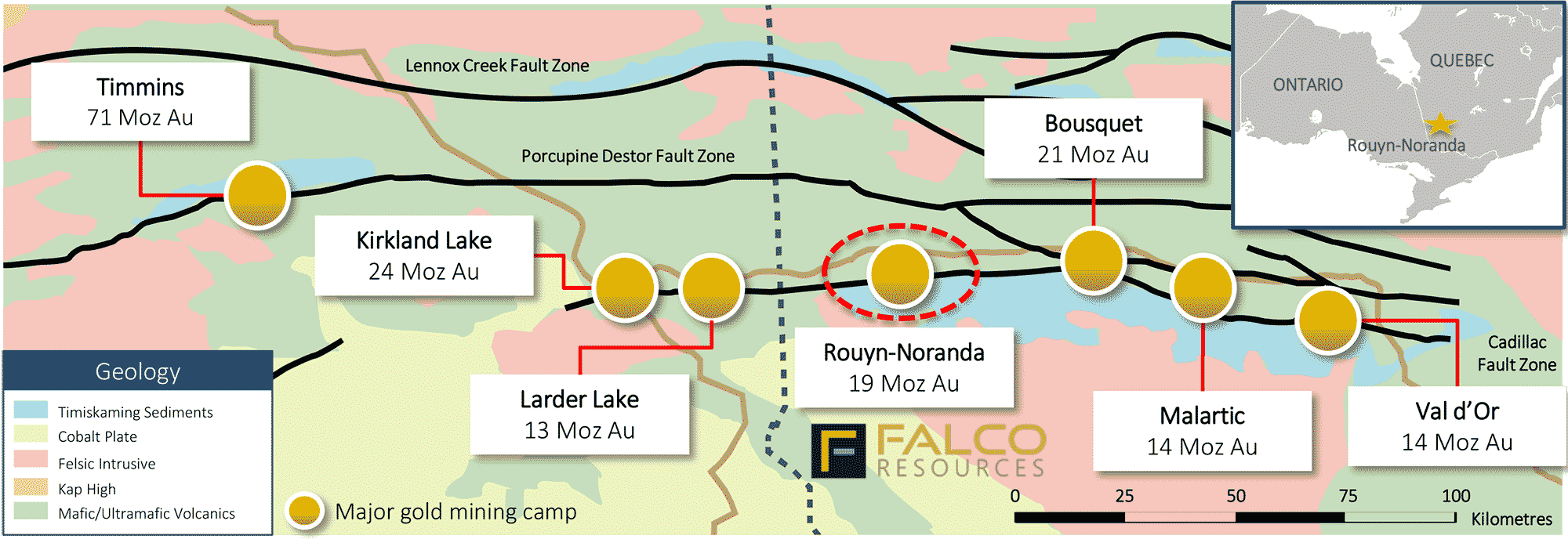 Southern Abitibi Greenstone Belt - 50 current and former gold and base metal mines in the Rouyn-Noranda camp. Rouyn-Noranda camp has produced 19 Moz of gold and 2.9 Blbs of copper, but underexplored for gold