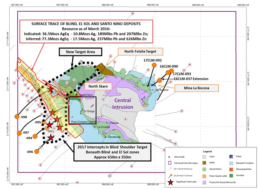 Plan Map showing the distribution of 2017 Drill Holes at Cerro Las Minitas