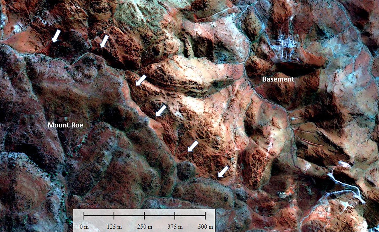 Section of distinct contact between Mount Roe Basalt and basement rocks