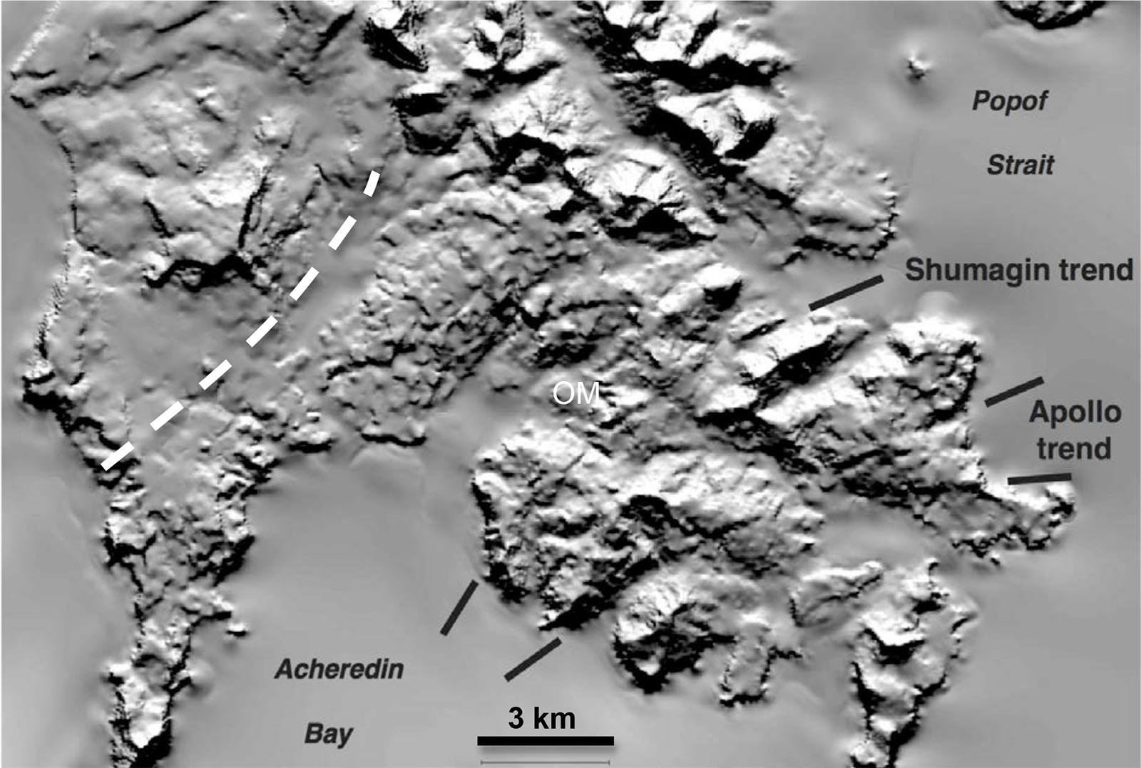 Shaded relief of southern Unga Island showing the strong NE-SW structural features that cut the SE portion of the island, and which are altered and mineralized (the Shumagin and Apollo trends).