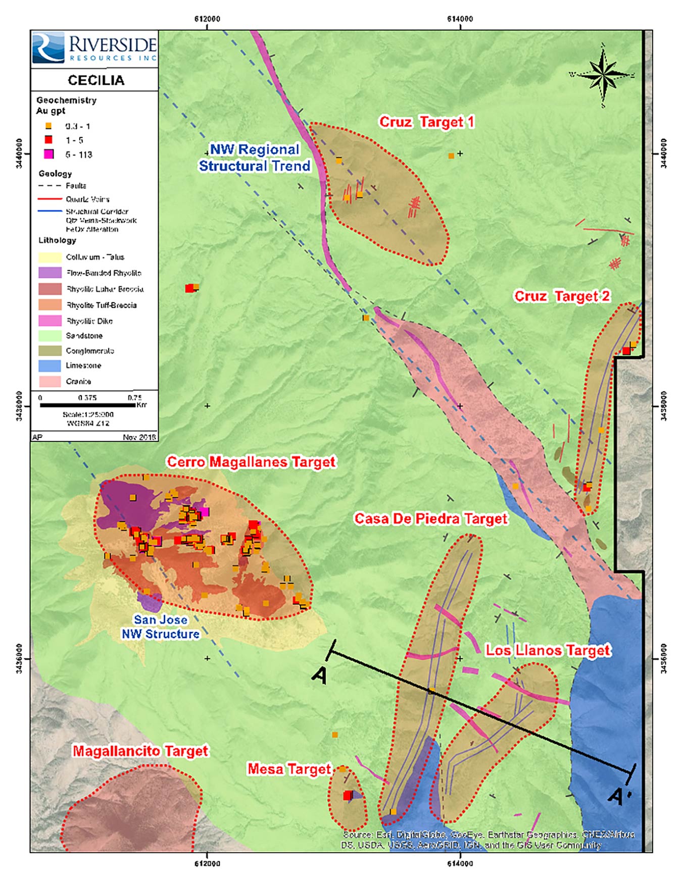 This image shows the geological mapping and gold values of the target areas and puts in context the new target areas locations in comparison to Cerro Magallanes.