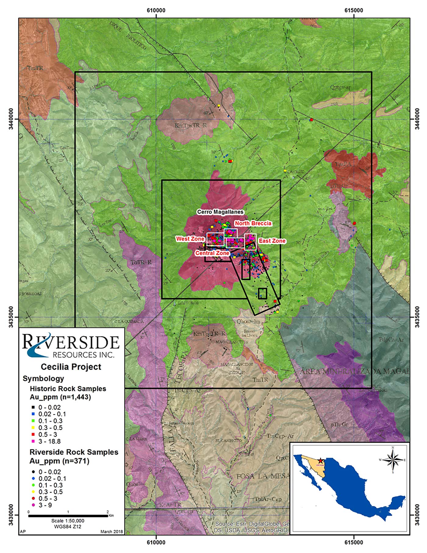 In March of 2018, Riverside was granted the mineral rights to the Cecilia 1 concession, which had been applied for in November of 2017. Obtaining the Cecilia 1 claim significantly increases the total area covered by Riverside’s Cecilia Gold Project. The expanded project area now covers approximately 6,000 hectares, about 6.7 times greater than the original area of the Project.