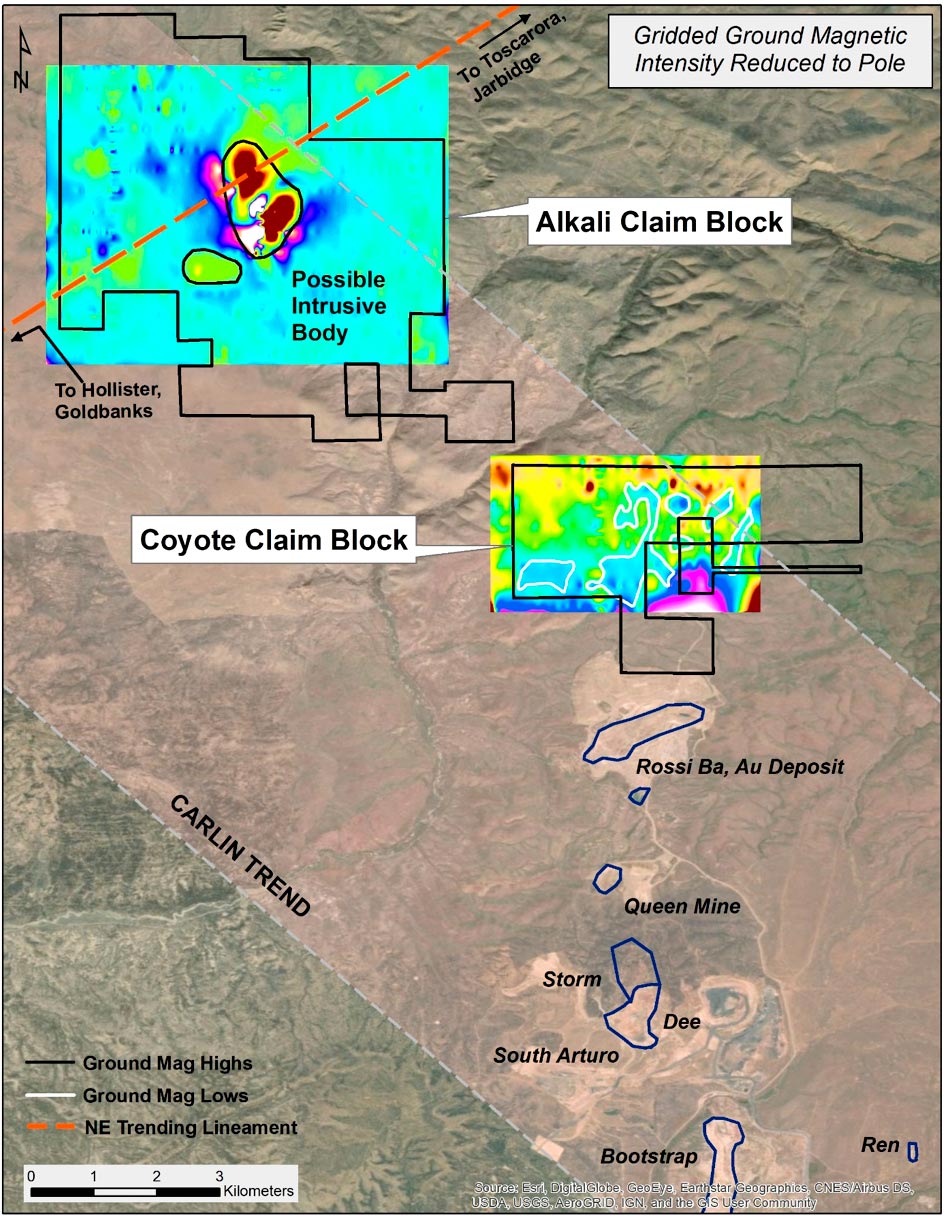 Magnetic data over Coyote and Alkali in respect to the greater North Carlin area and nearby mines immediately to the south.