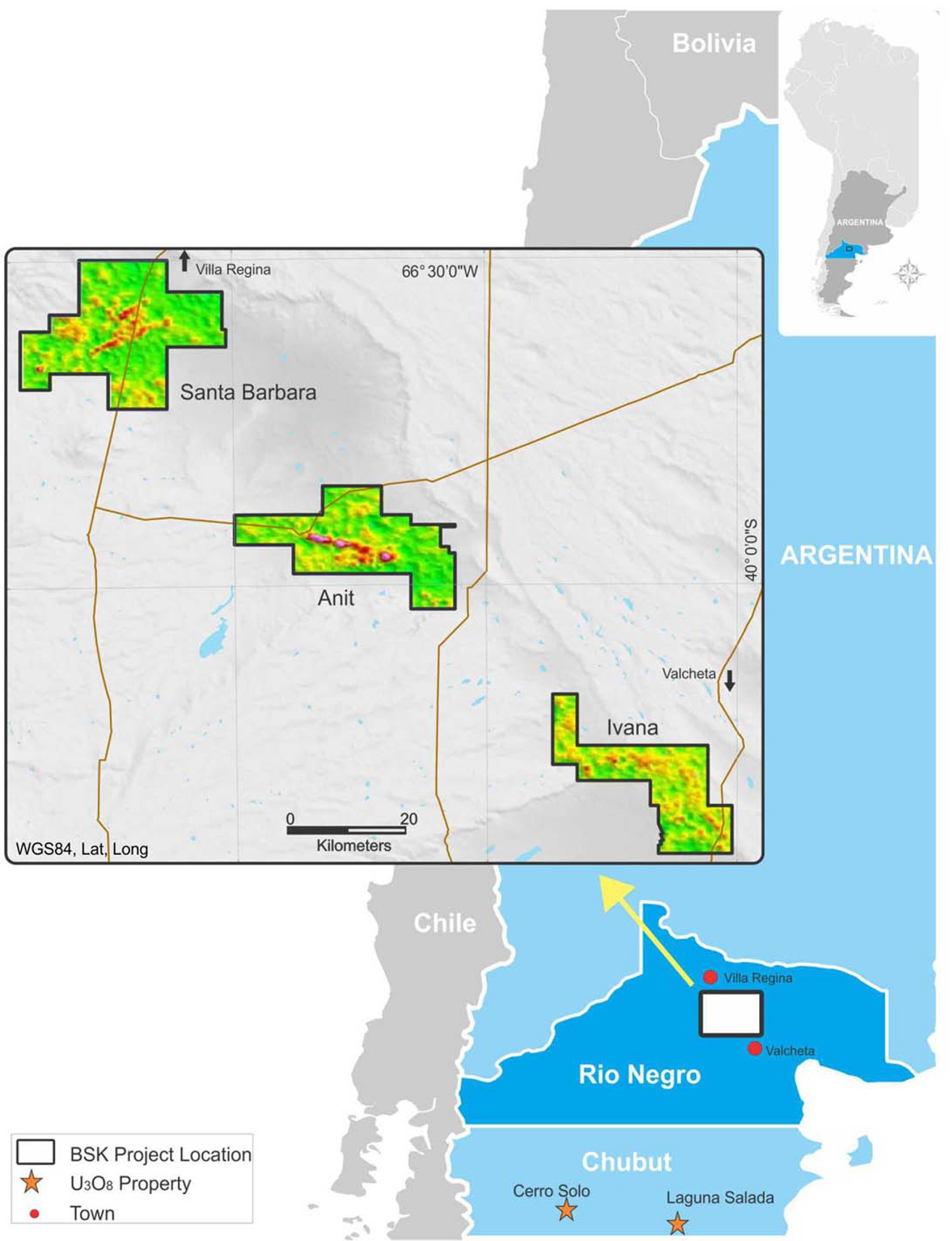 Location Map of the Properties (showing airborne radiometric survey results within the claims).