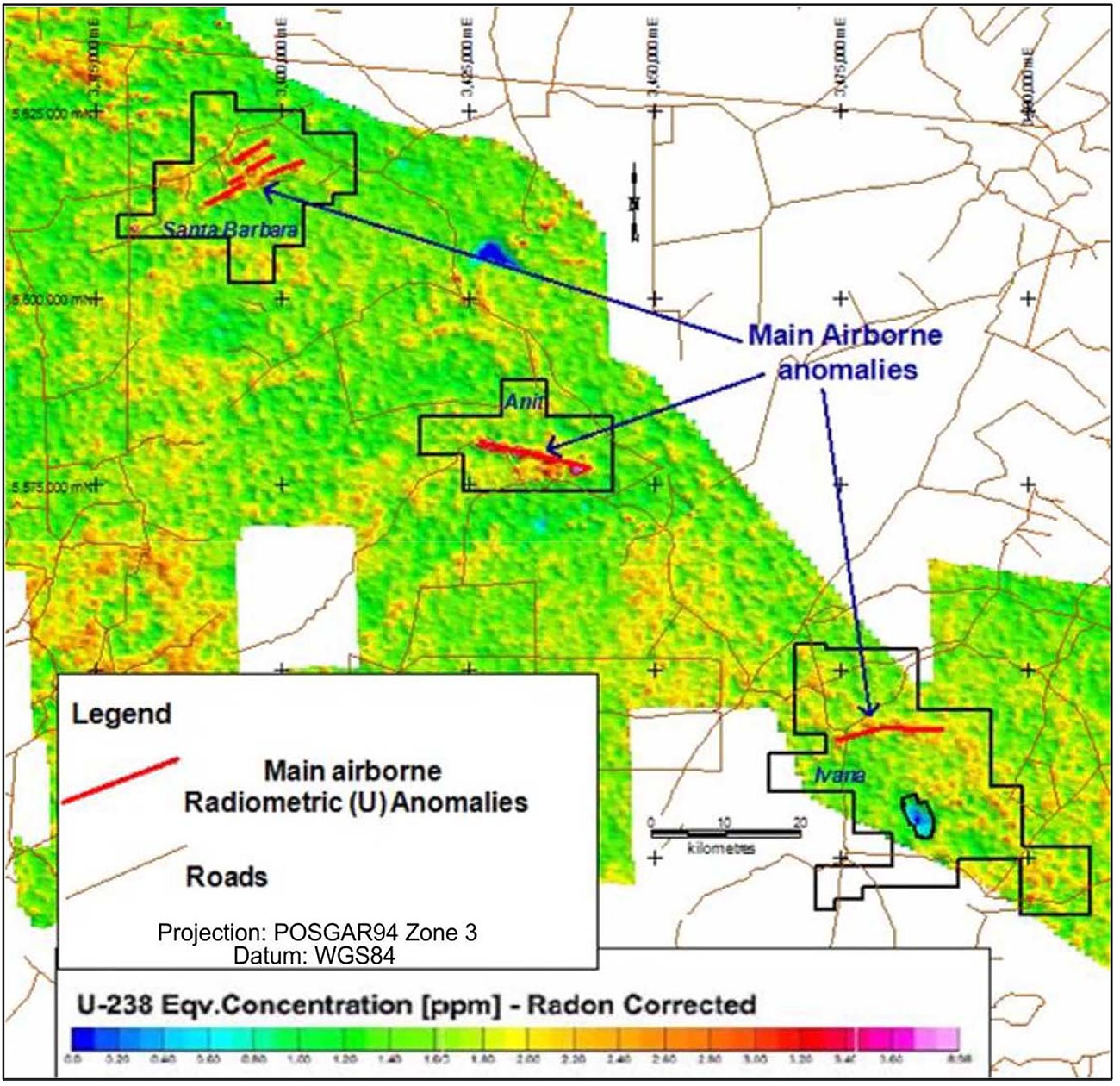 2010 APG surveyed area with interpreted uranium anomalies