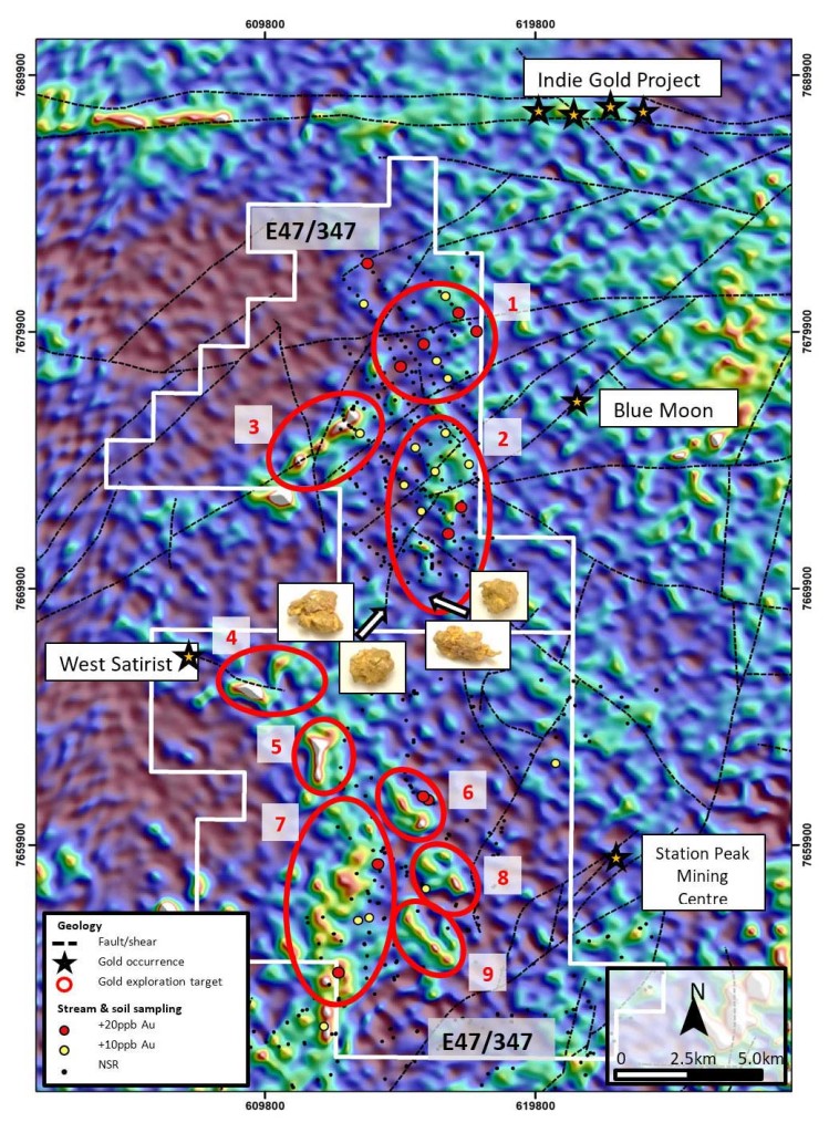 Arrow project: Radiometric map (U2/Th) with surface geochemical anomalies and gold targets