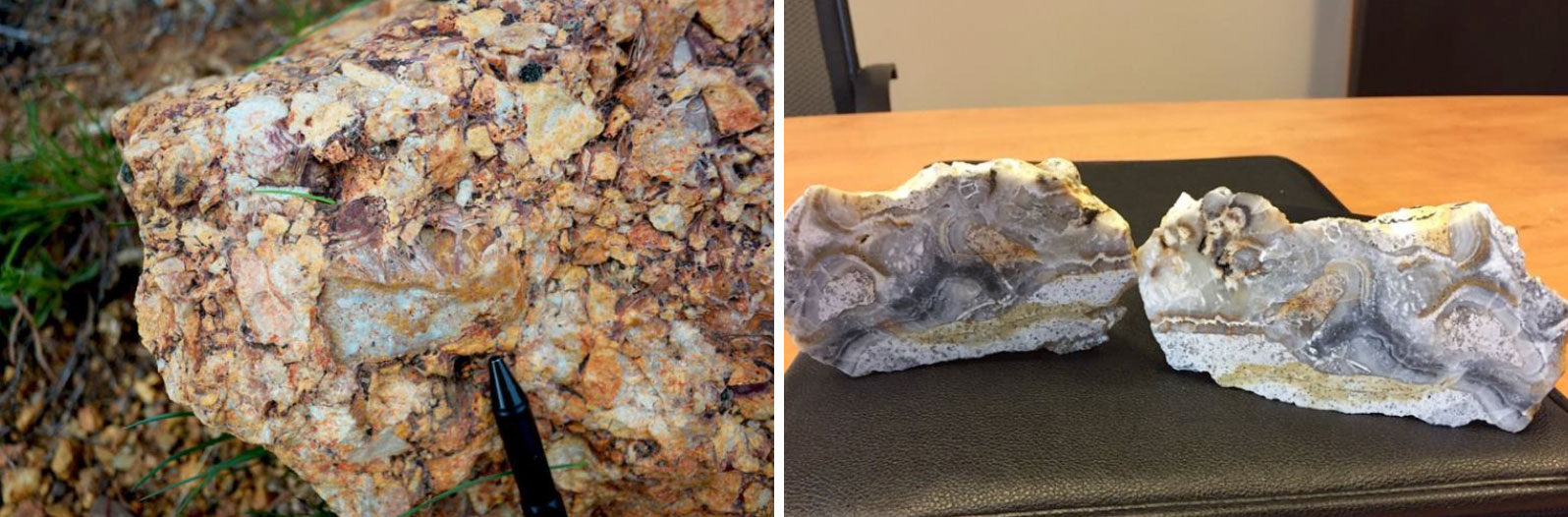 DeLamar Geology: Hydrothermal Vent Breccia from 2 km North of DeLamar (left) - DeLamar Colloform, Breccia Veins (right)