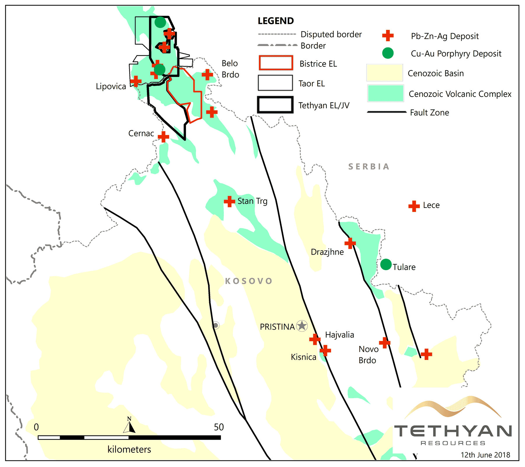 The Bistrice exploration license shown with simplified geology of Kosovo and the mineral deposits of the ‘Trepca’ mining district. Sources: www.kosovo-mining.org and internal company data.
