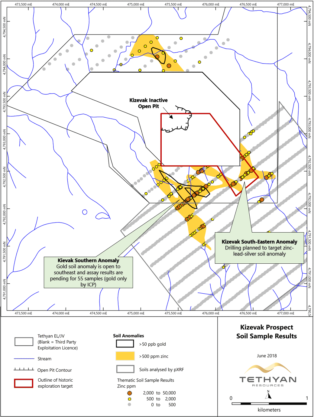 Kizevak Target, location of soil grids and soil anomalies, Kremice Exploration License