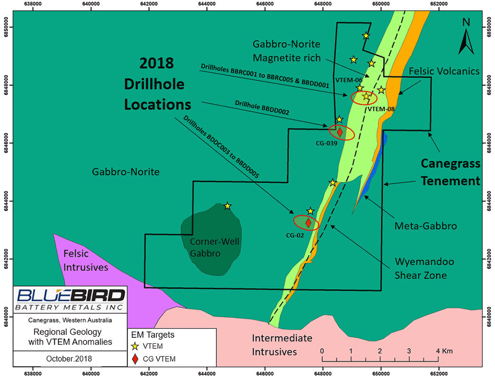 Canegrass Property – Regional Geology with VTEM ™ Anomalies