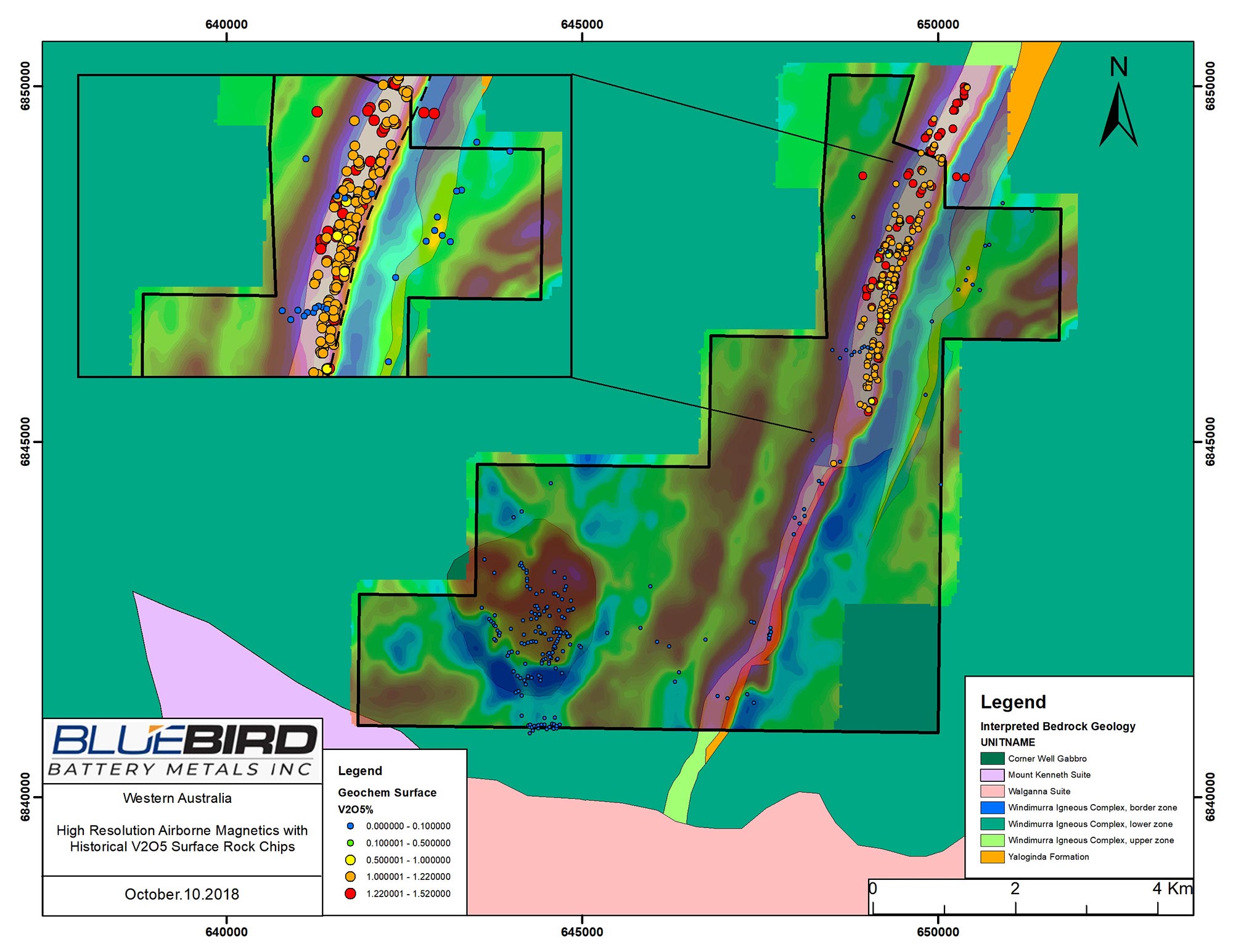 Canegrass Property – High Resolution Airborne Magnetics with Historical V2O5 Surface Rock Chips