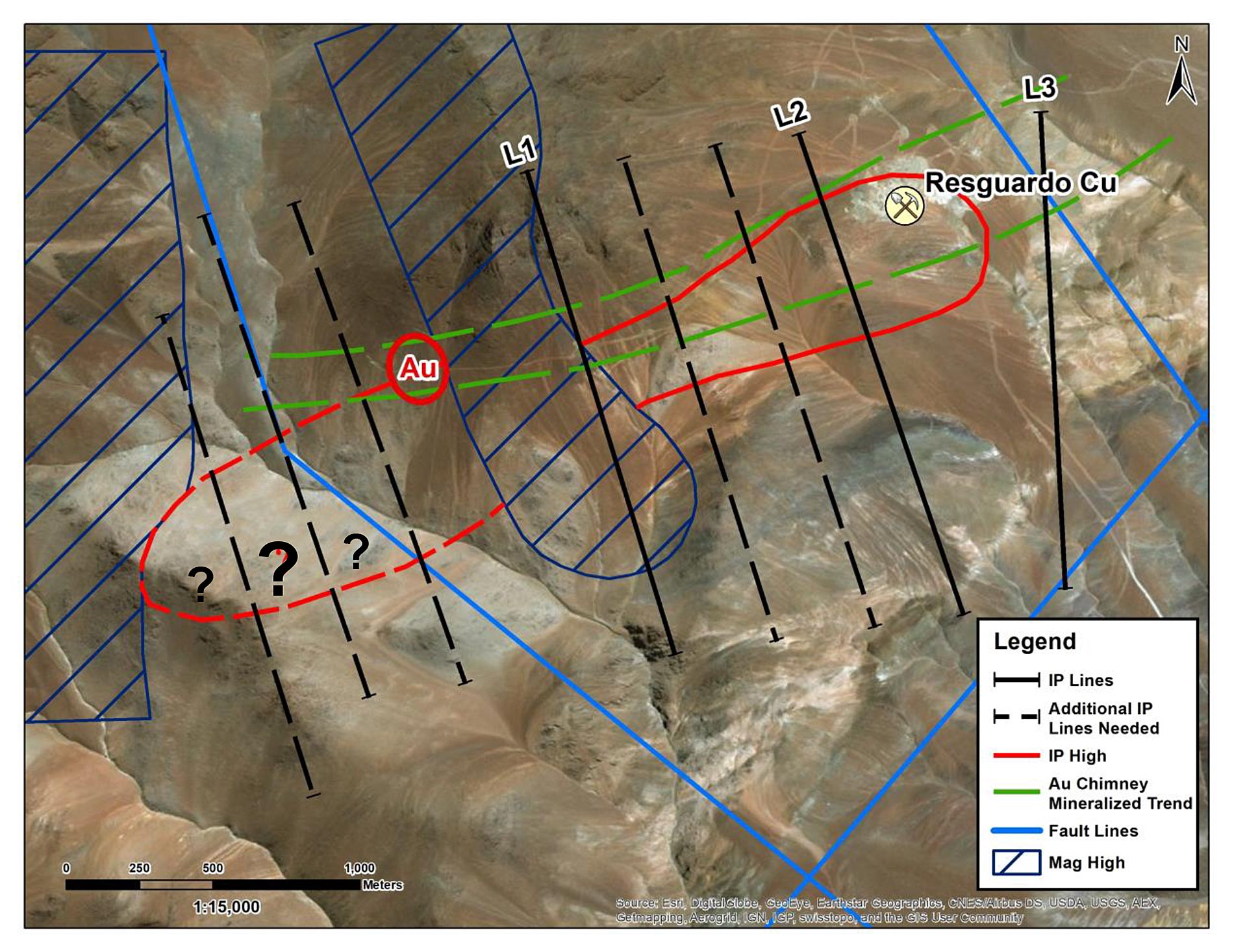 This graphic shows the current and proposed IP survey lines as well as a possible extension to the copper porphyry target and an area where gold grades (Au) are up to 50 g/t in narrow structures.