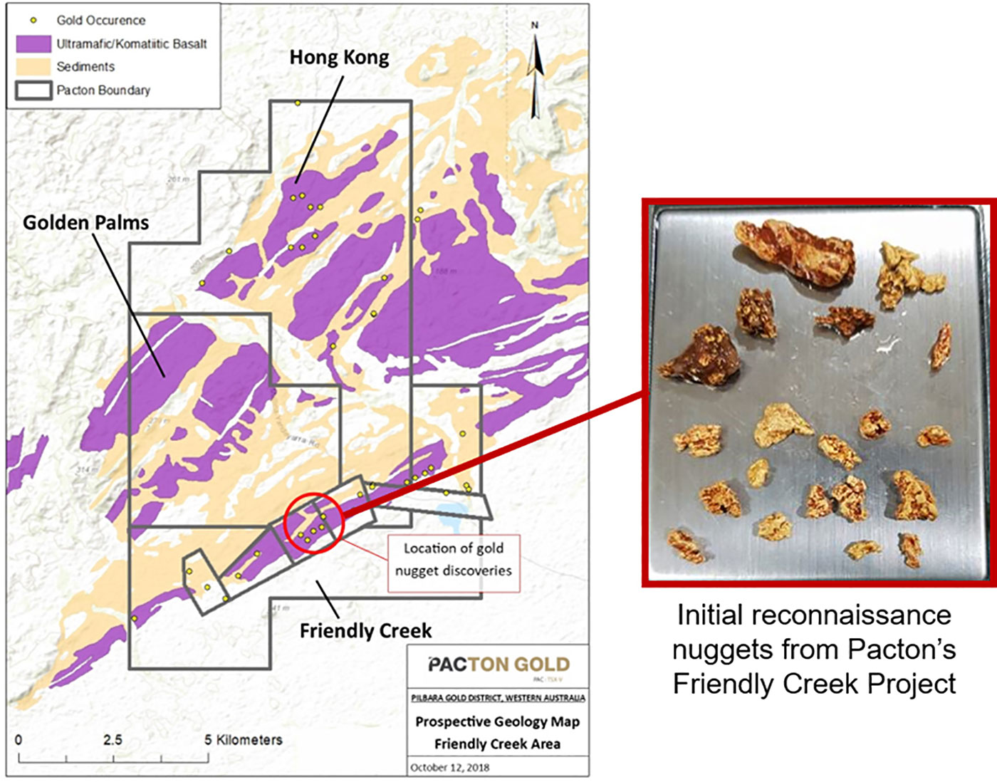 Friendly Creek and adjacent Pacton tenements. Mineralized Mesoarchean basal unit, Western Australia MINEDEX gold occurrences, and location of recent gold nugget discoveries (circle).