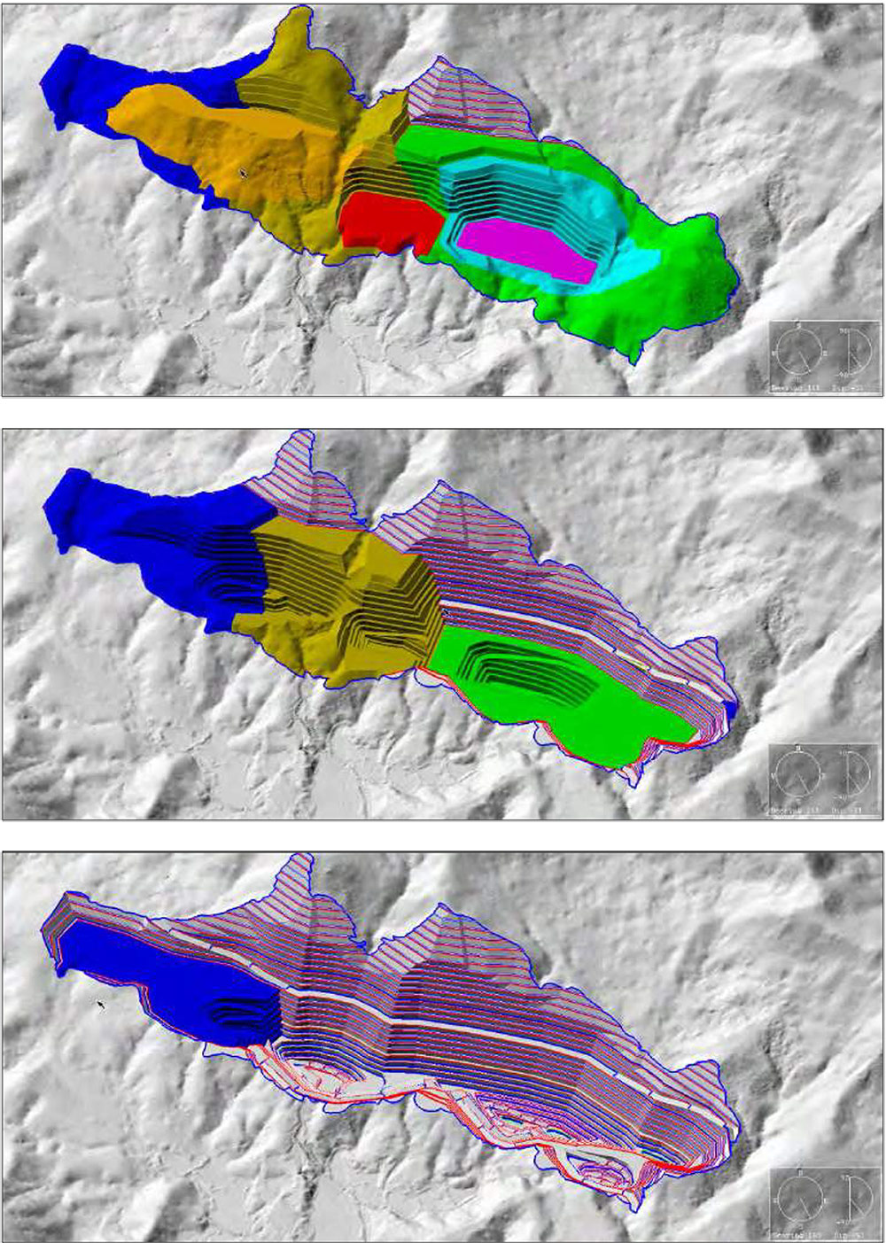 Top: Year 1 Pit Phase Plot - Middle: Year 5 Pit Phase Plot - Bottom: Year 9 Pit Phase Plot - PEA