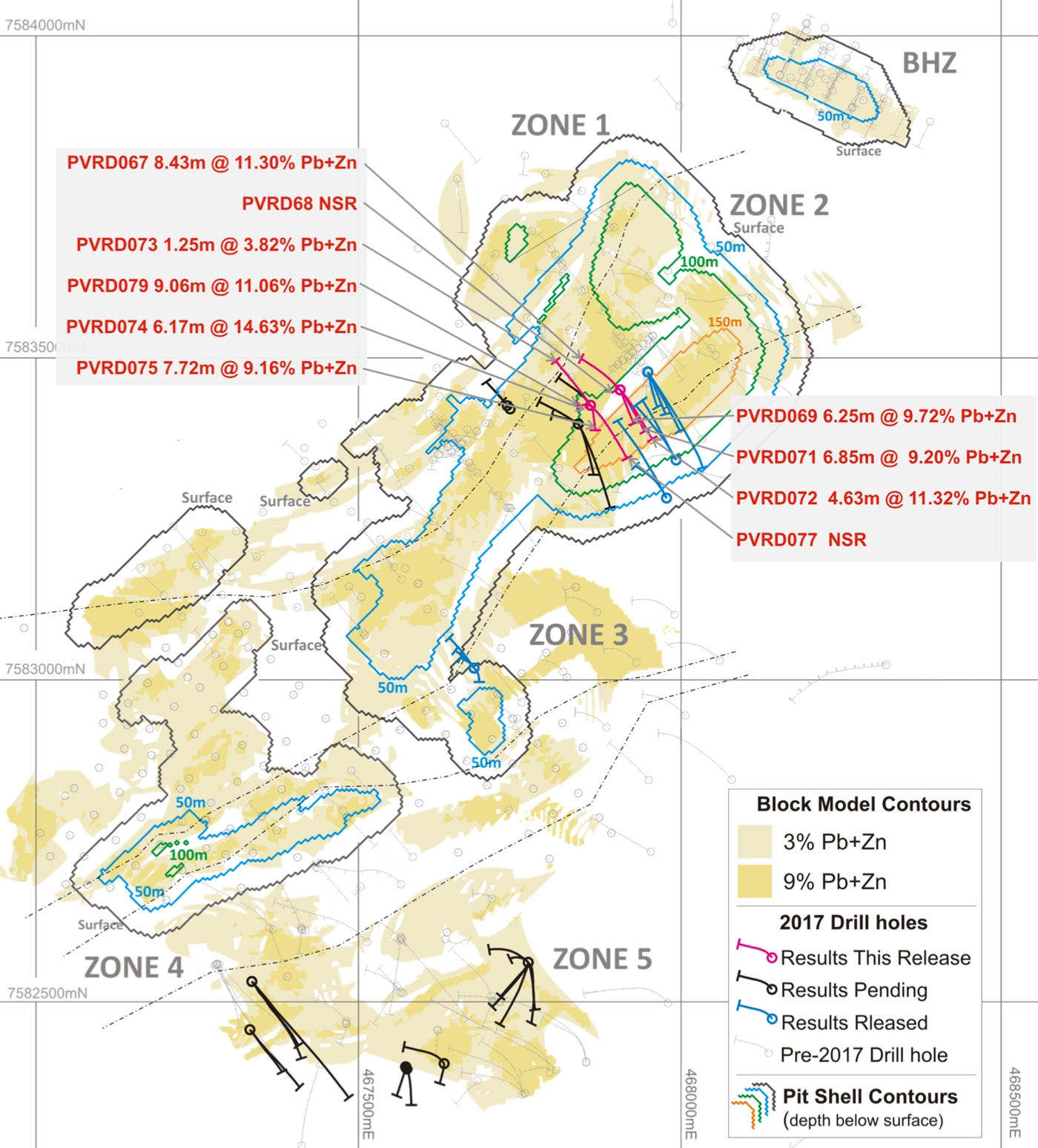 Surface map showing 2017 block model contours, pit shell and location of current results and 2017 completed holes 